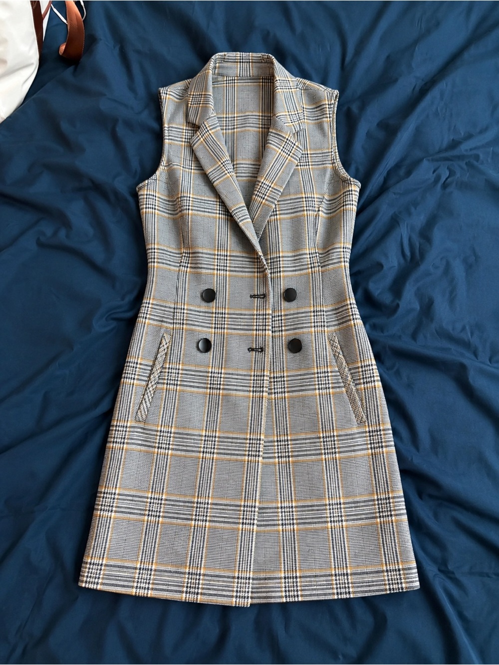 Sleeveless Plaid Double-Breasted Dress in Gray and Tan -fits like an S